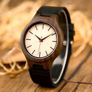 Vintage Wooden Dial Watch with Black Leather Strap